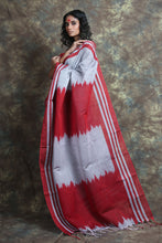 Load image into Gallery viewer, Silver Blended Cotton Handwoven Soft Saree With Stripe Border &amp; Pallu
