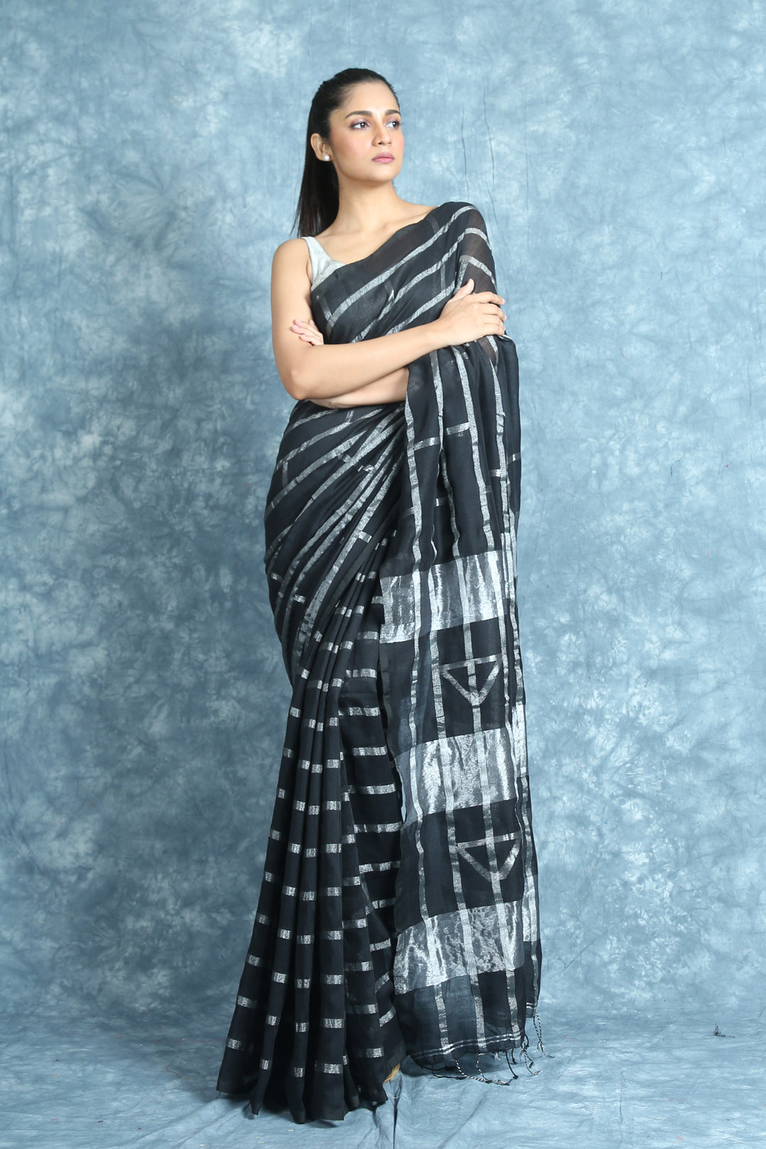 Black Handloom Saree With Allover Silver Zari Stripes