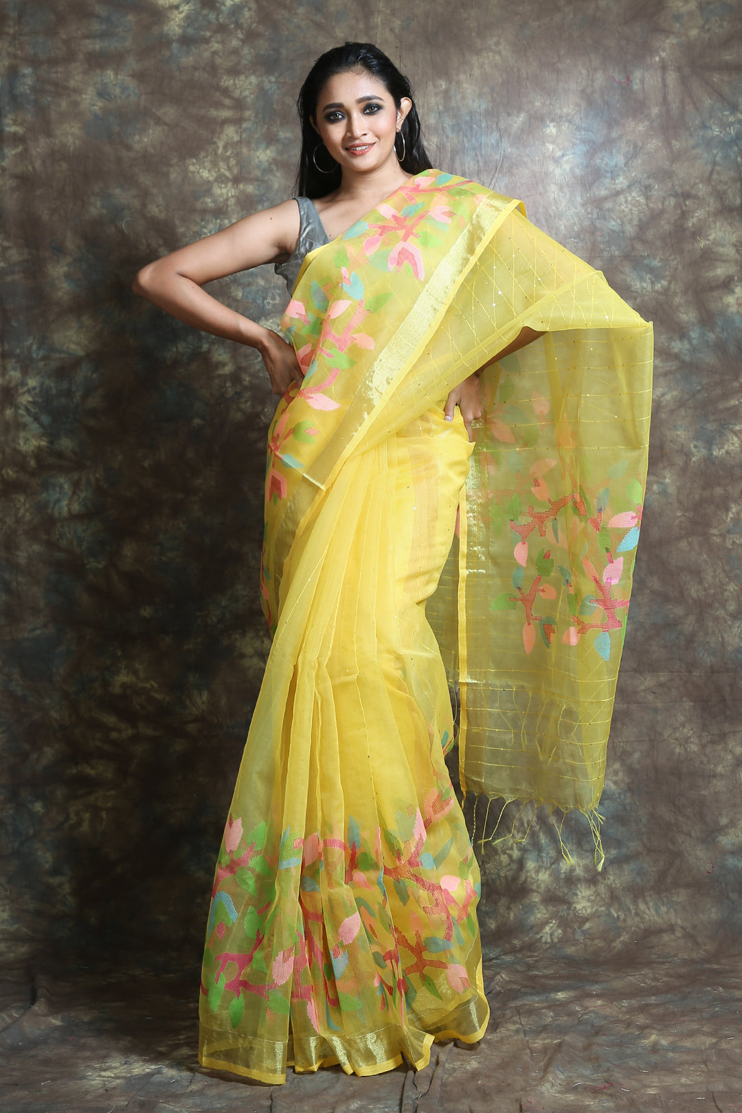 Yellow Muslin Handwoven Soft Saree With Sequen Work & Zari Border