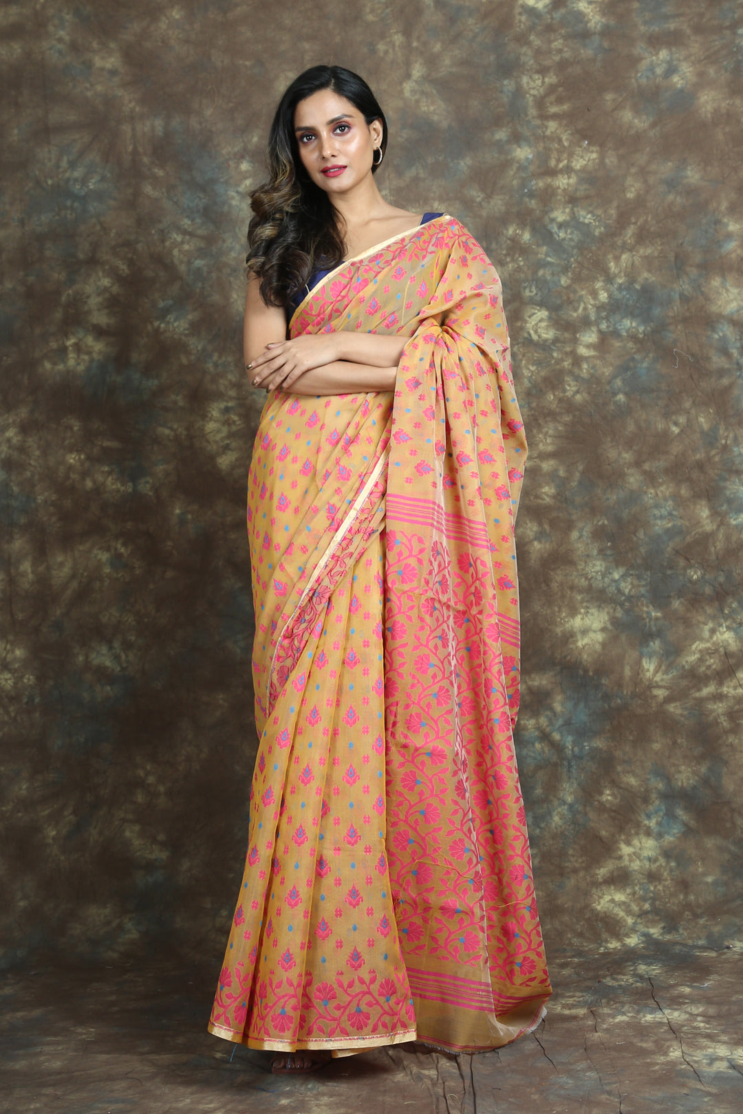 Light Yellow Jamdani With Allover Floral Weaving