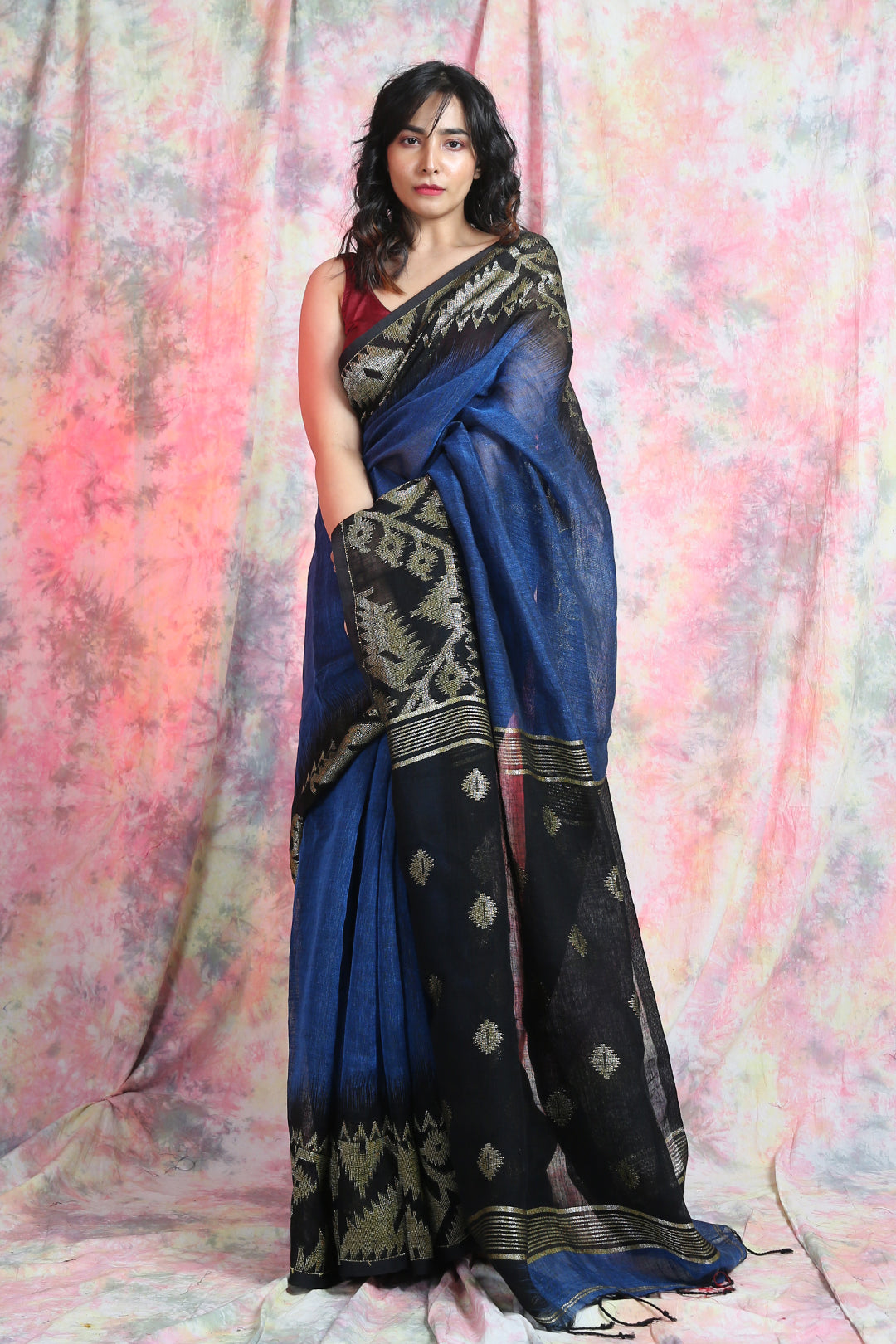 Blue Colour Lilen Saree with Weaving Border