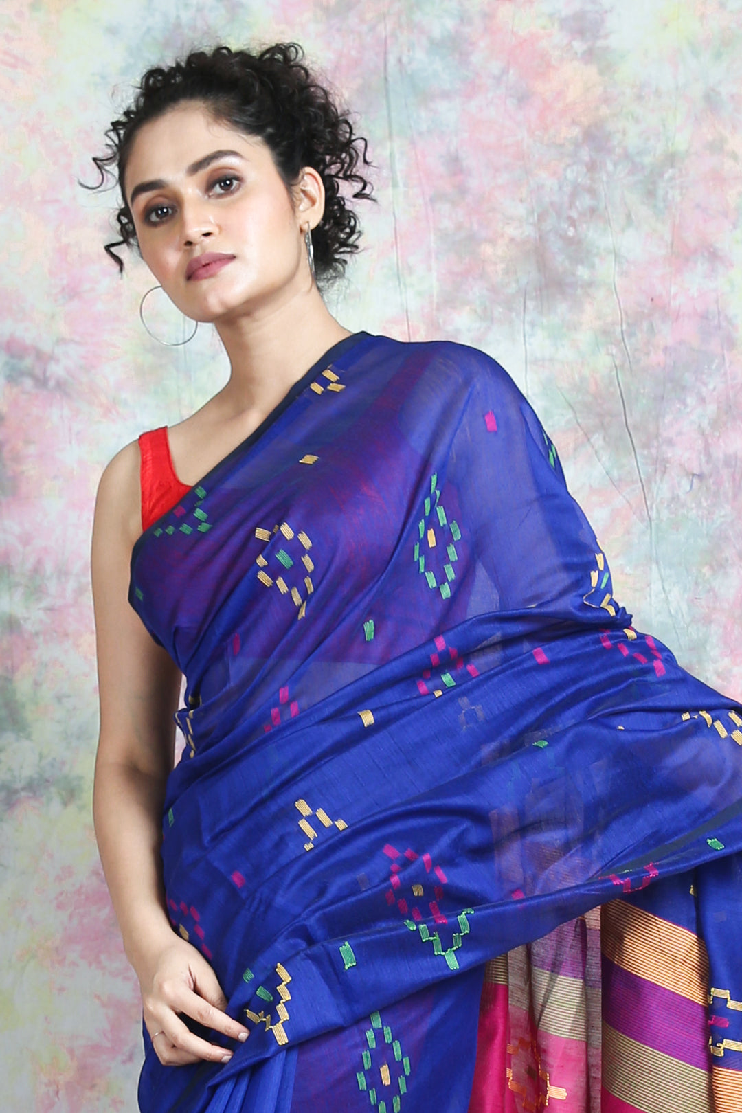 Debajit Royal blue Cotton Silk Bengal Tant Handloom Saree