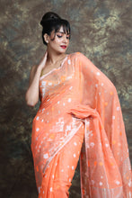 Load image into Gallery viewer, Peach Silk Cotton Handwoven Soft Saree With Zari Work
