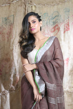Load image into Gallery viewer, Brown Linen Handwoven Soft Saree With Silver Zari Border &amp; Pallu
