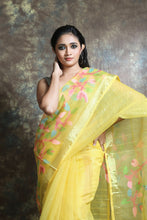 Load image into Gallery viewer, Yellow Muslin Handwoven Soft Saree With Sequen Work &amp; Zari Border
