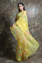 Load image into Gallery viewer, Yellow Muslin Handwoven Soft Saree With Sequen Work &amp; Zari Border
