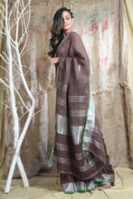 Load image into Gallery viewer, Brown Linen Handwoven Soft Saree With Silver Zari Border &amp; Pallu
