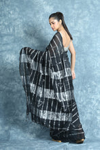 Load image into Gallery viewer, Black Handloom Saree With Allover Silver Zari Stripes
