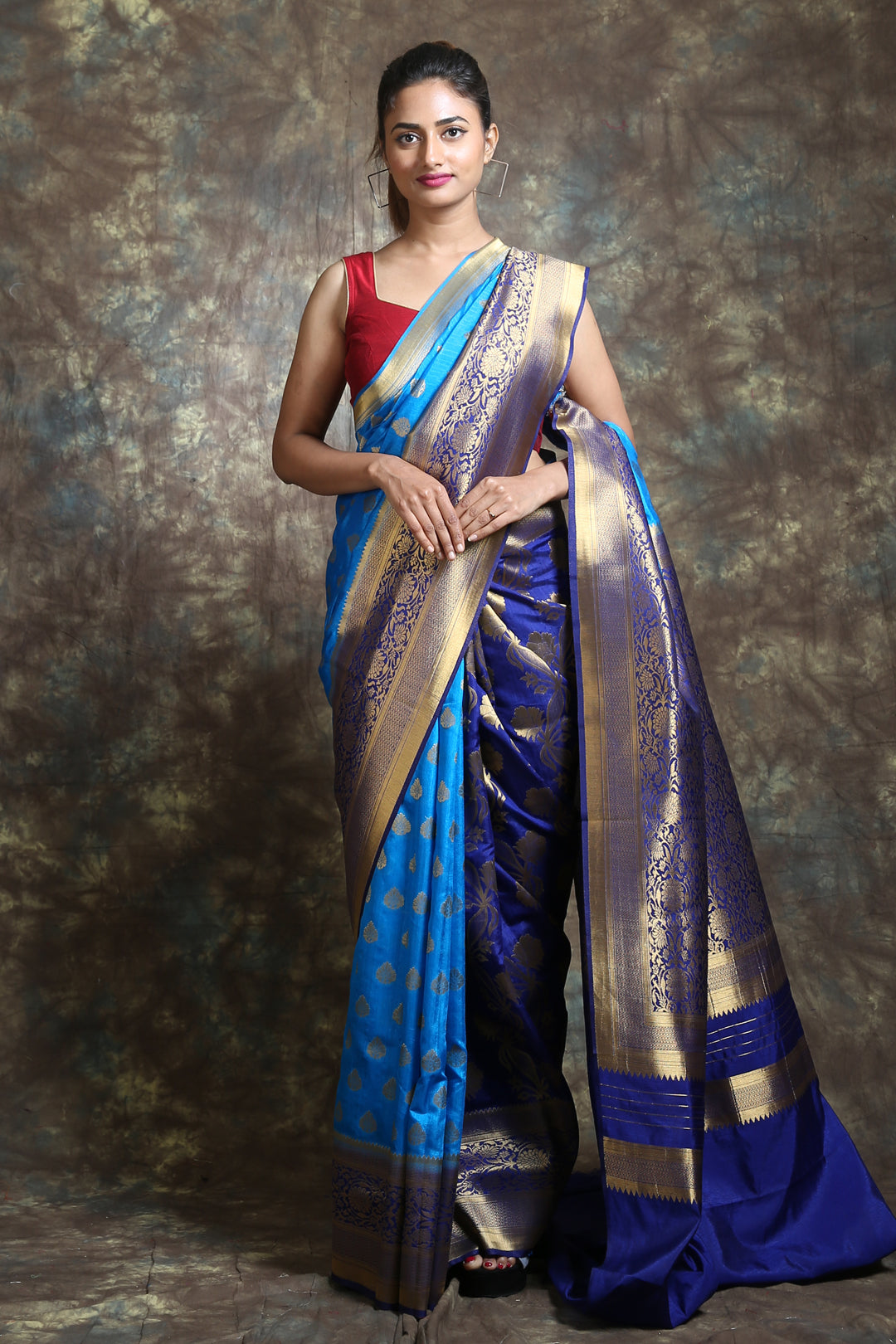 Sky Blue & Deep Blue Half & Half Blended Silk Handwoven Soft Saree With Allover Copper Zari Leaf Design Woven