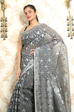 Load image into Gallery viewer, Grey Jamdani Saree With Allover Silver Zari Weaving
